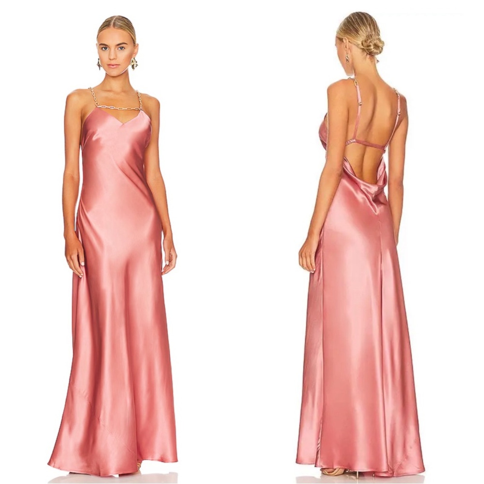 Cult Gaia Kirya Jaipur Gold Chain Halter Neck Pink Satin Maxi Gown Size Small